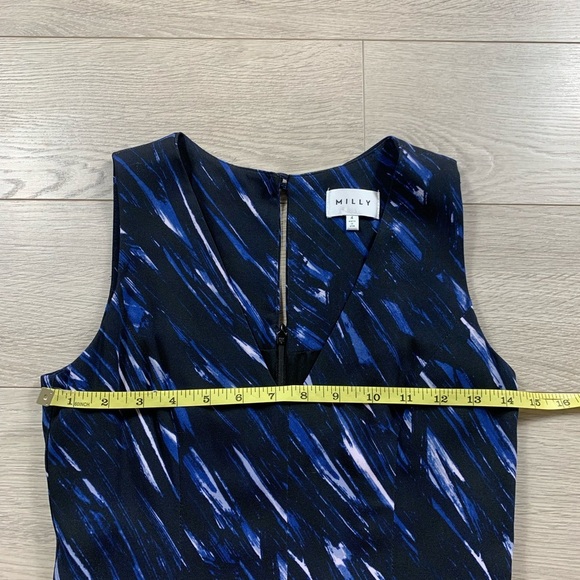 MILLY Blue Brushstroke Print V-Neck Sheath Work Career Office Midi Dress - Picture 13 of 15